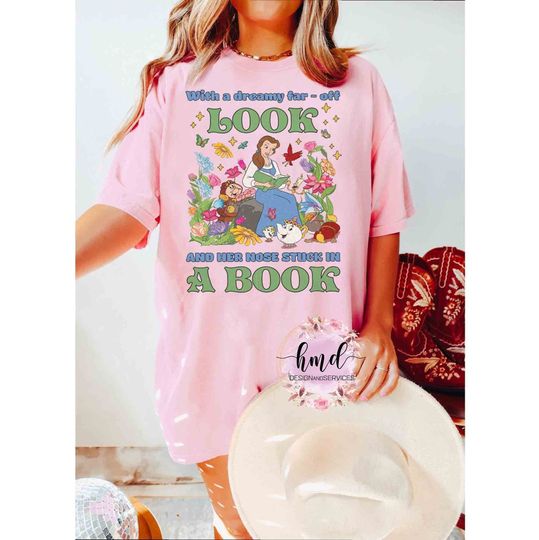 Disney Princess Belle Floral Her Nose Stuck in A Book T-shirt, Beauty And The Beast Characters Tee