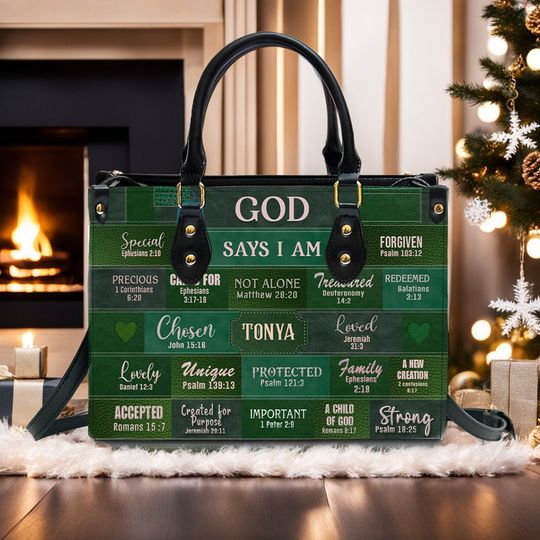 God Says I Am Leather Handbag Green, Personalized Bags, Gifts for Women