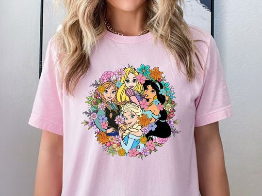 Disney Floral Princesses Shirt, Elsa Anna Rapunzel Jasmine Shirt