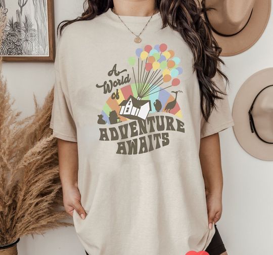Retro Disney Pixar Up Movie Shirt, A World Of Adventure Awaits Rainbow House Balloons T-shirt