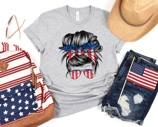 American Girl Shirt, Messy Bun Hair Shirt, 4th of July Shirt, Independence Day Shirt