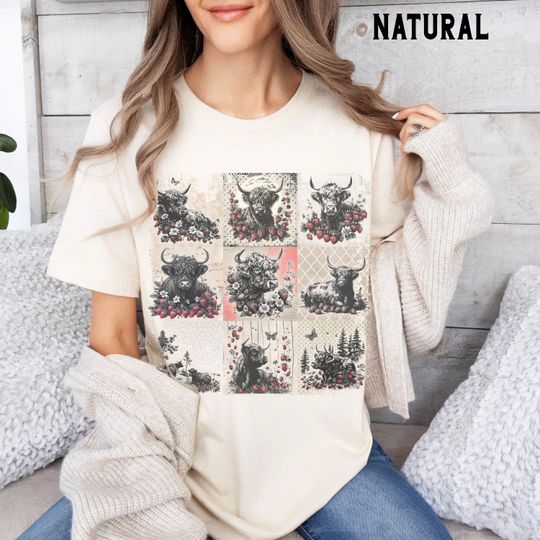 Highland Cow Shirt, Boho Strawberry Cow Tee, Farm Girl Western Cottagecore Aesthetic Clothing