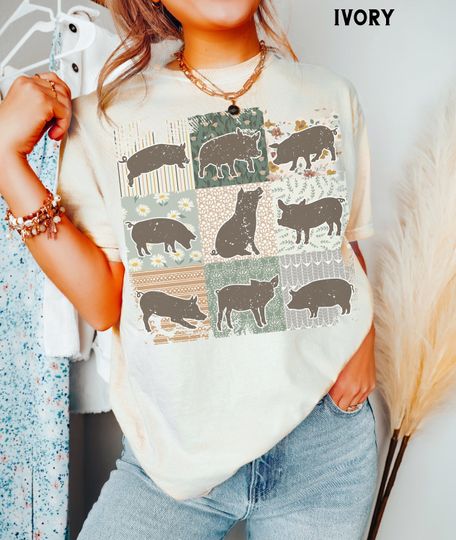 Boho Pigs Shirt, Comfort Colors, Retro Farmhouse Floral Pig Tee, Cottagecore Aesthetic Clothing, Pig Lover Gift for Her