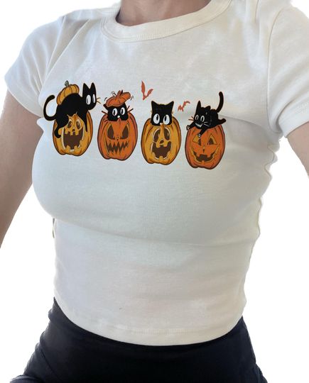 Cat Pumpkin Baby Tee, Fall cat baby tee, Black Cat Crop Top, Simple Cottagecore Tank, Spooky
