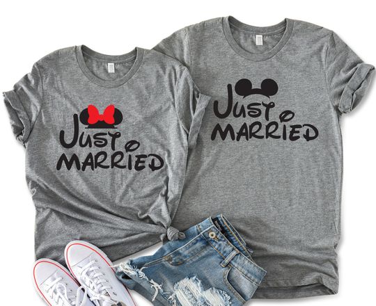 Just Married Minnie & Mickey Unisex T-shirts, Disney Matching Couple Tees, Disney