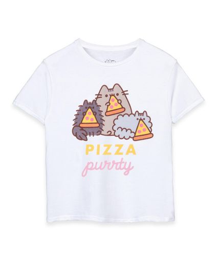 Pusheen Girls T-Shirt | Kids White Pizza Purrty Cat Graphic Tee | Crew Neck Internet Cat Top | Comfortable Cute Merchandise | Daywear Gift
