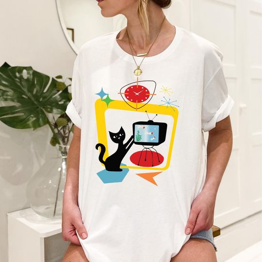 Retro Atomic Black Cat T-Shirt MCM Shirt Atomic T-Shirt Retro Cat Lover T-Shirt Gift For Cat Lover Mid Century Modern Cat Shirt Cat Mom Gift