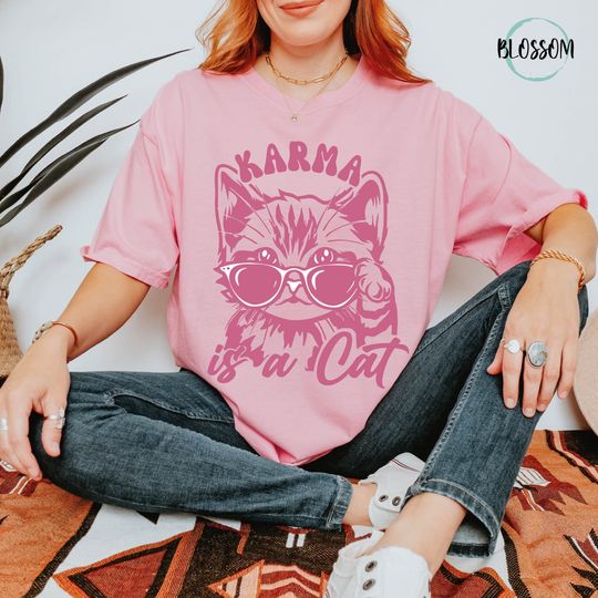 Comfort Colors Karma Is A Cat T-Shirt, Cat Lover Shirt, Music Shirt, Fan Tee, Gift For Cat Lovers, Cat Mom Tee, Funny Shirt, Concert Shirt