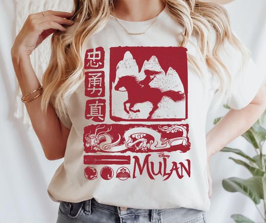 Mulan Red Block Art Mulan Princess Mushu Dragon Disney T-shirt