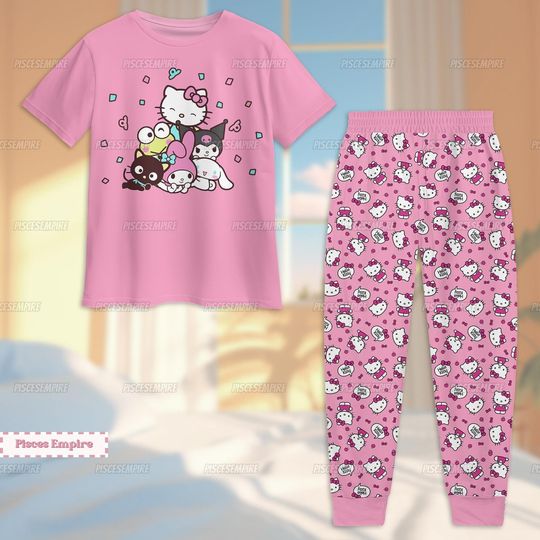 Hello Kitty Pajamas Set, Cat Holiday Pajamas, Hello Kitty Bridesmaid Pajamas