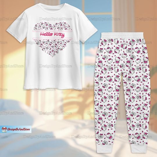 Hello Kitty Pajamas Set, Cat Holiday Pajamas, Hello Kitty Bridesmaid Pajamas