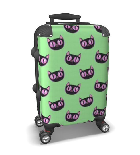 Spooky Green Cat Face Travel Suitcase, 360 degree wheels, Lightweight, Cabin Bag
