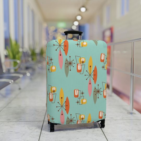 Mid Century Modern Boomerang Starburst Luggage Cover, Retro MCM Travel Accessory