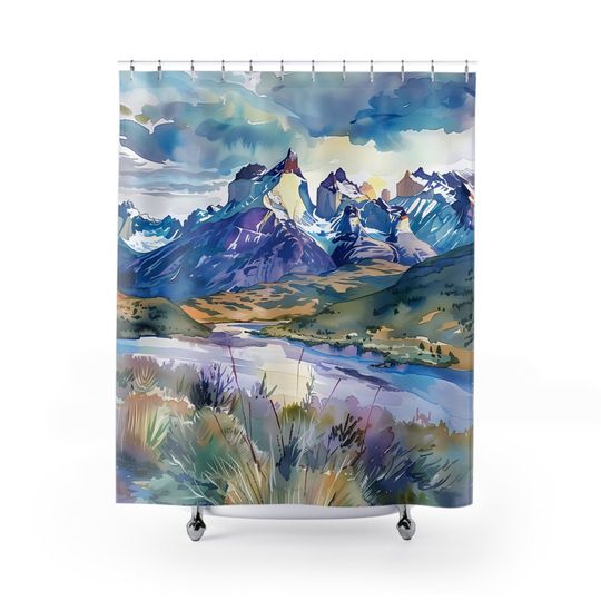 Mountain Watercolor-Inspired Design Nature Lover Bath Shower Curtain