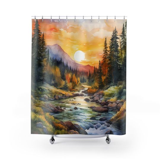 Mountain Sunset Forest River Watercolor-Inspired Design Nature Scenery Shower Curtain