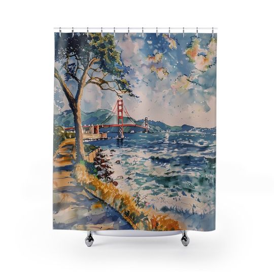 Watercolor Inspired View of the San Francisco Bay And Golden Gate Bridge Shower Curtain