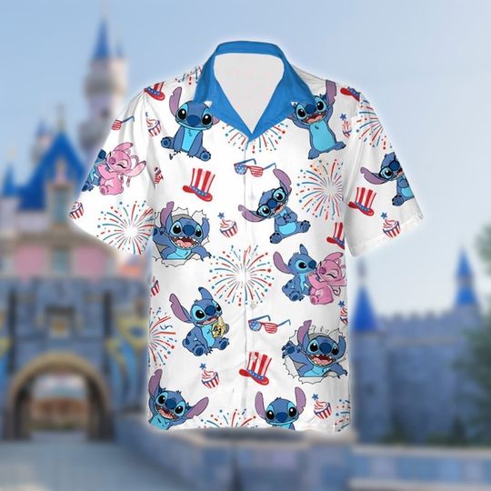 Blue And Pink Alien 4th July Hawaiian Shirt, Cute Dog Characters Fourth Of July Hawaii Shirt