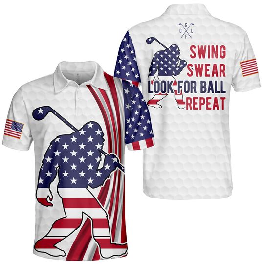 Bigfoot Golf American Flag Polo Shirt for Men Women, Swing Swear Look For Ball Repeat Golf Player Golf Polo Shirt