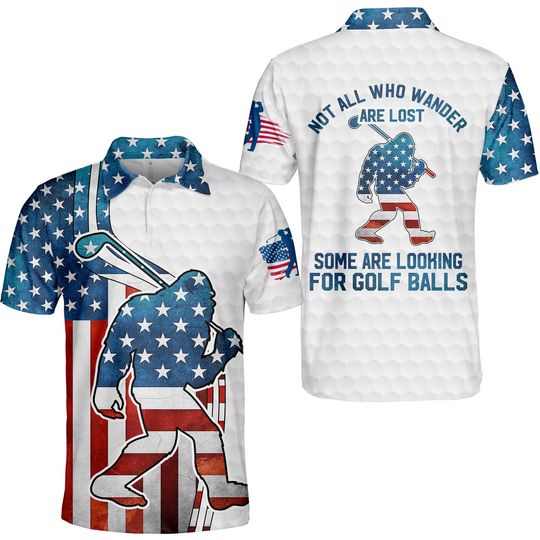 Bigfoot Golf Polo Shirts for Men, Not All Who Wander Are Lost Bigfoot Sasquatch Golf Player