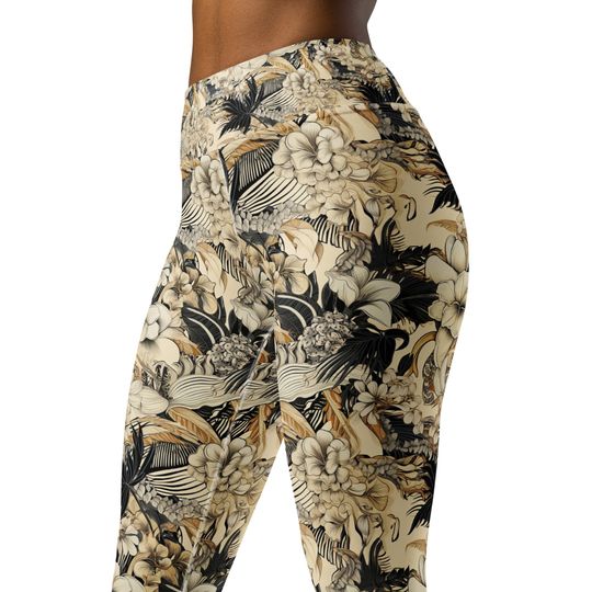 Floral Black and White Yoga Leggings, High Waist Floral Patterned Leggings