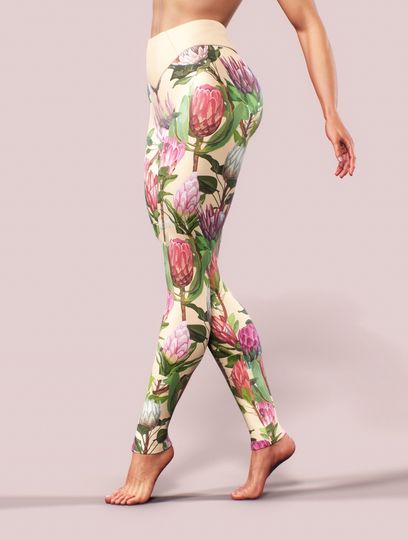 Purple Thistle Flower Leggings Peach Color Cheeky Yoga Pants