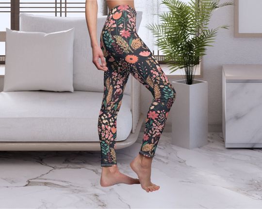 Modern Retro Boho Women's Leggings, Floral Bohemian Yoga Running, Boho Flowers Womens Clothing