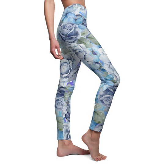 Women's Cut & Sew Casual Leggings (AOP) Comfy Cozy Flower Pants Floral Leggings Blue Floral Bouquet