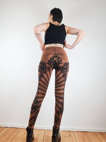 Vintage leggings with geometric lace and crochet design bleached, winter leggings, Christmas leggings
