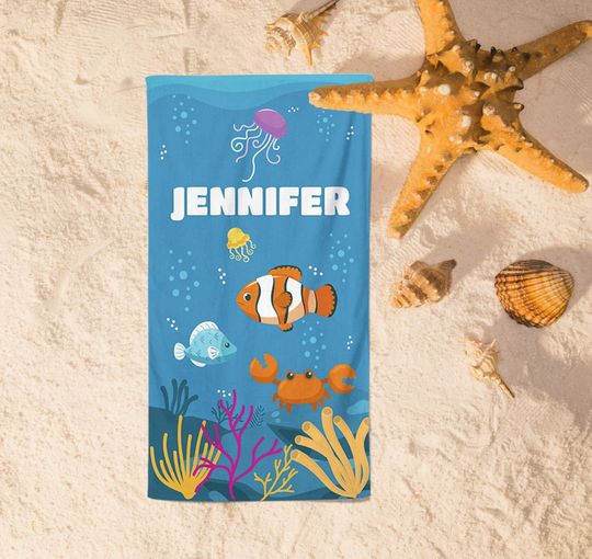 Kids Beach Towel, Personalized Gift for Kids, Sea Animal Custom Beach Towel With Name, Vacation Gift, Under The Sea Personalized Pool Towel