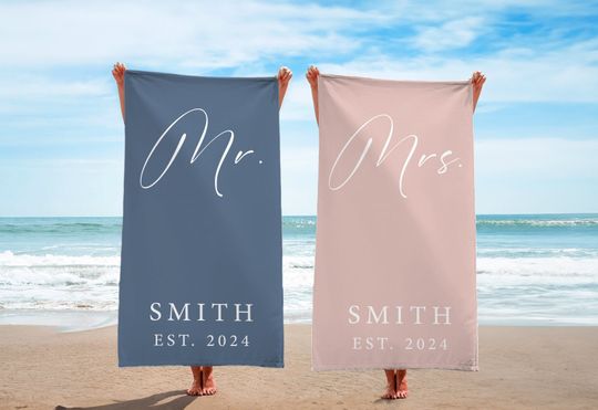 Personalized Mr. Mrs. Couple Beach Towel, Newlywed Anniversary Bride Groom Wedding Gift, Matching Custom Beach Towels for Honeymoon Gift