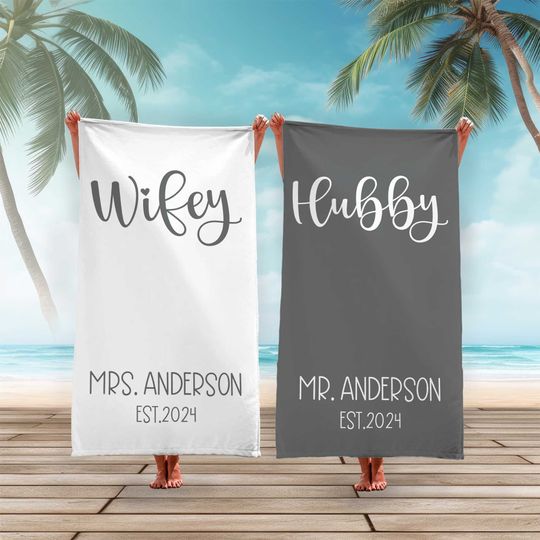 Honeymoon Hubby Wifey Personalized Beach Towel, Custom Couple Mr. and Mrs. Pool Towel, Bride Beach Towel His  Hers Newlywed Wedding Gift,