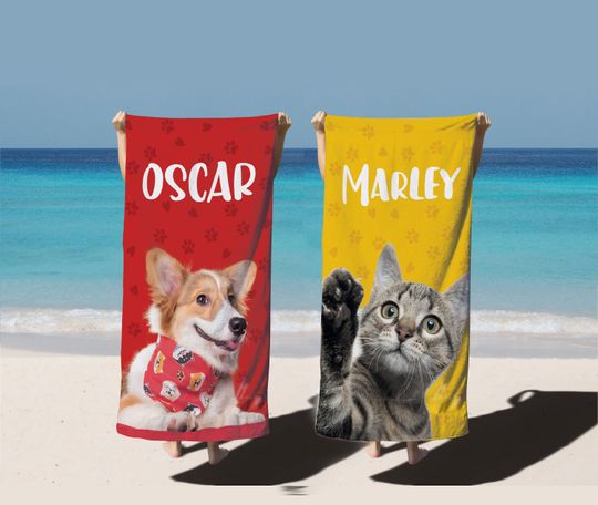 Custom Pet Photo Beach Towel with name, Dog Picture Beach Towel, Kids Personalized Cat Face Bath Towel, Pet Pool Towel, Dog Lover Mom Gift,