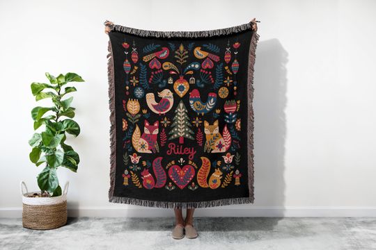 Scandinavian Folk Christmas Art Blanket, Personalized Woven Tapestry,Norwegian Swedish Sofa Throw, Woodland Animals, Christmas Gift