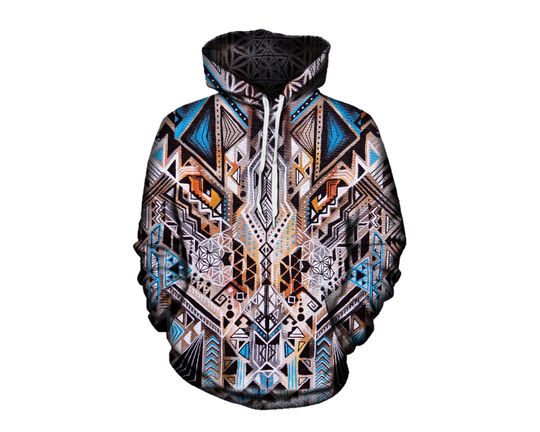 Tribal Sacred Geometry Hoodie - Trippy Geometric All Over Print Hippie Couples Hoodies - Psychedelic Original Art EDM Rave Festival Clothing