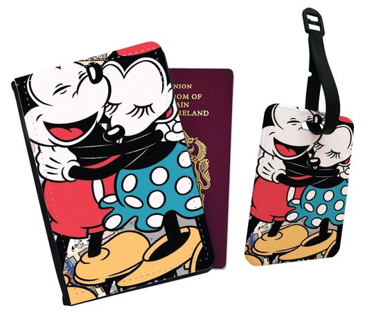 Travel Accessory Set - Faux Leather Passport Cover and Luggage Tag  Disney Minnie and Mickey Mouse in love