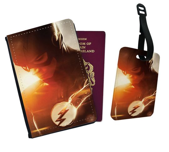Personalised Faux Leather Passport Cover and Luggage Tag Disney Flash Adventure Birthday Gift Travel Accessory