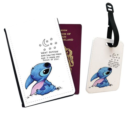 Personalised Faux Leather Passport Cover and Luggage Tags, Travel Accessory Set, Disney Lilo & Stitch Hawaii Beach Adventure