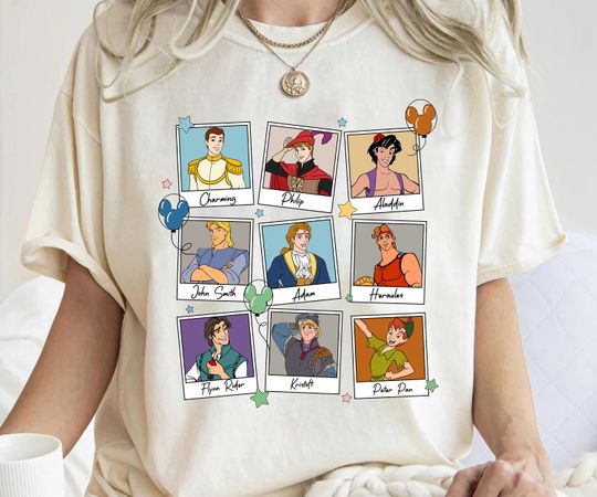 Disney Prince Group Mickey Balloon Shirt, Peter Pan, Phillip, Aladdin, Hercules, Flyn Rider Shirt