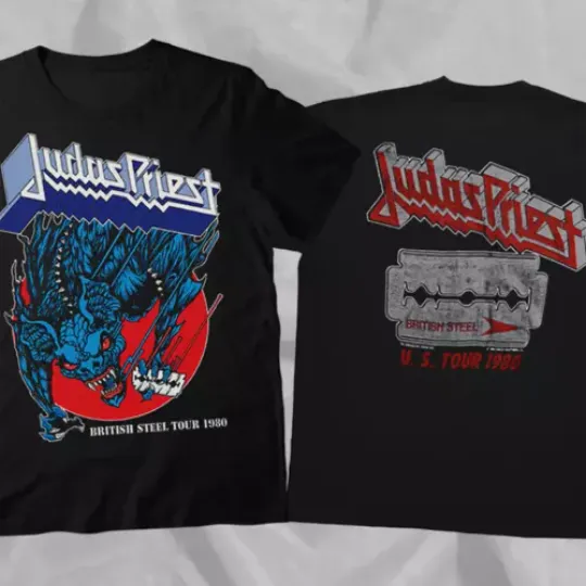 JUDAS PRIEST Band 1980 British Steel Tour Black Double Sided T-Shirt
