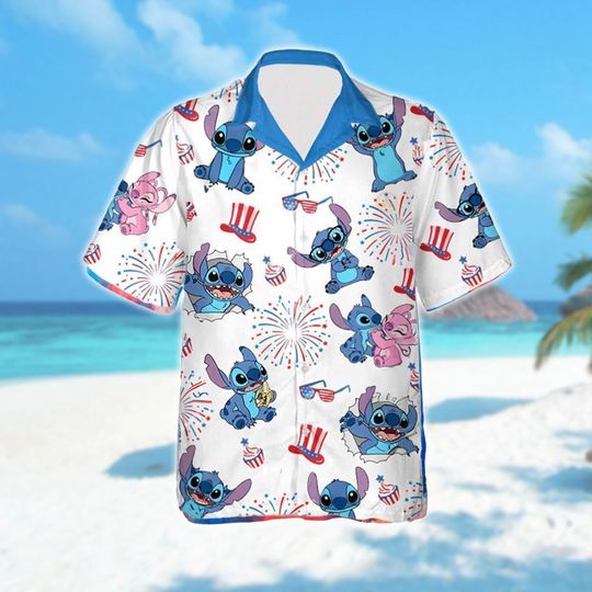 Blue And Pink Alien 4th July Hawaiian Shirt, Cute Dog Characters Fourth Of July Hawaii Shirt, Blue Pink Dog All Over Print Shirt
