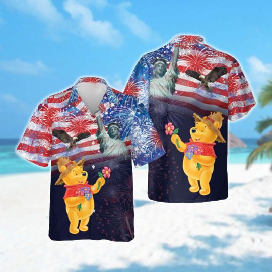 Cute Bear Eagle Fireworks US Flag Independence Day 3D Hawaiian Shirt, 4th July All Over Print Tee, Magic Kingdom Fourth Of July Shirt