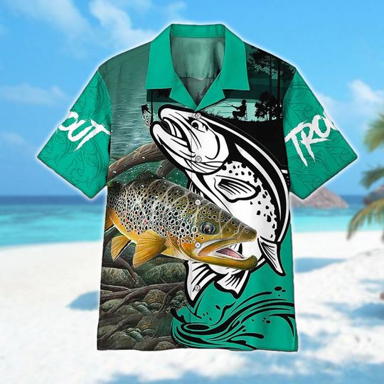 Trout Fishing Hawaiian Shirt, Fishermen Button Up, Fish Lover Men Hawaii Shirt, 3D All Over Print Habit Shirt, Men Boyfriend Fishing Tee