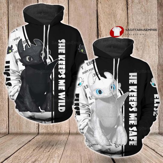 Couple Disney Light Fury And Night Fury Hoodie, She Keeps Me Wild He Keeps Me Safe Couple Hoodie