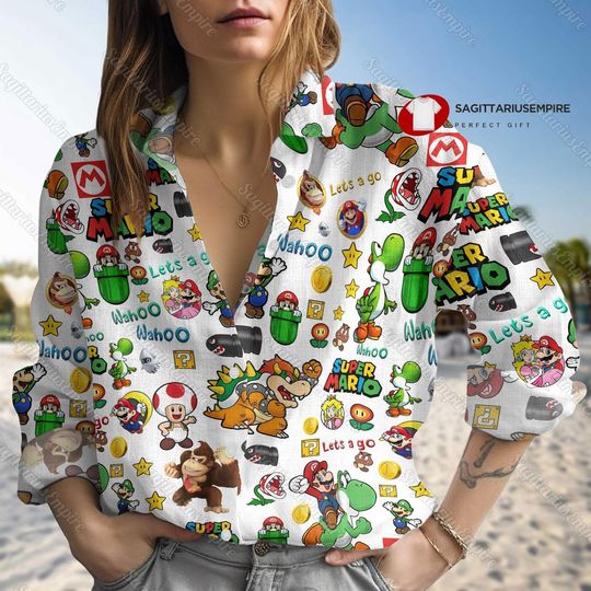Super Mario Linen Shirt, Super Mario Long Sleeve Shirt, Mario Movie Linen Shirt Women