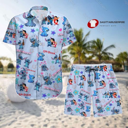 Lilo And Blue Dog Button Shirt And Shorts, Blue Dog Hawaiian Shirt