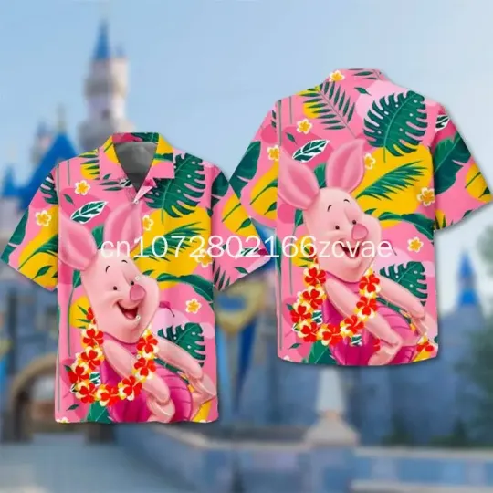 2024 Disney Piglet Hawaiian Shirt Disney Men's and Women's Button Up Short Sleeved Hawaiian Shirt Casual Beach Shirt