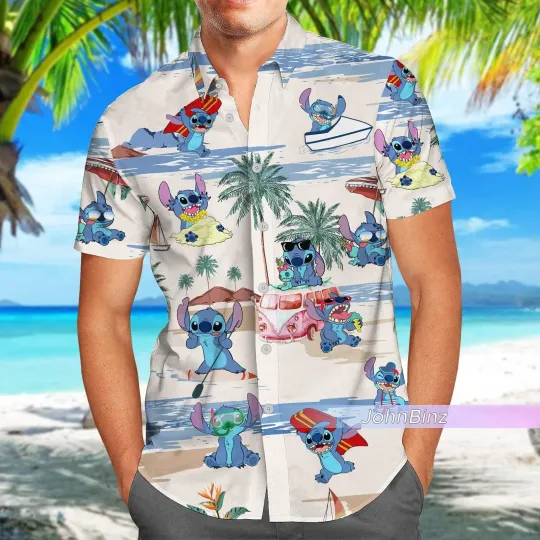 2024 Disney Lilo Stitch Hawaiian Shirt Summer Men's and Women's Fashion Short-sleeved Stitch Casual Beach Shirt
