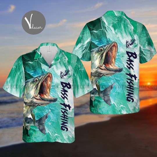 Bass Fishing Hawaiian Shirt, Fishing Lover Summer Shirt, 3D Hawaii Aloha Shirt, Summer Party Gift
