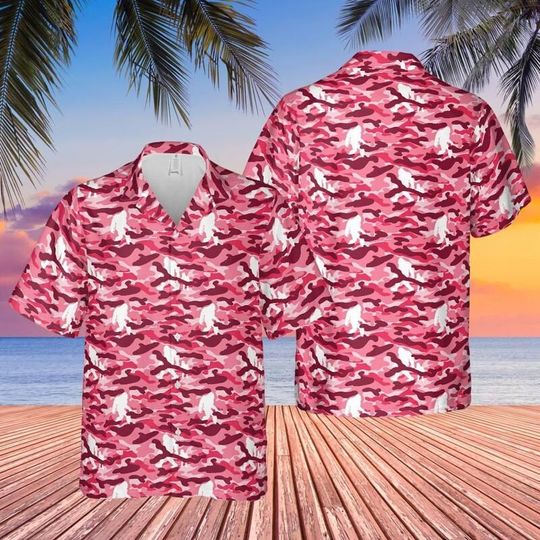 Womens Bigfoot Sasquatch Pink and Red camouflage Patterned Hawaiian Shirt