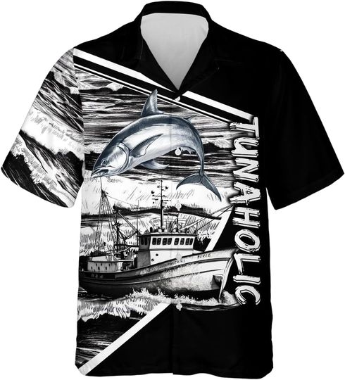 Fishing Hawaiian Shirts for Men - Tuna Fish Casual Button Down Summer Aloha Fishing Shirt
